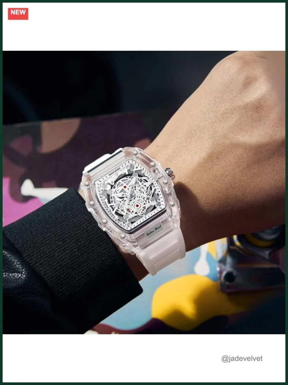 Men's Fashion Chronograph Watch Big Dial Hollowed Transparent Silicone Strap